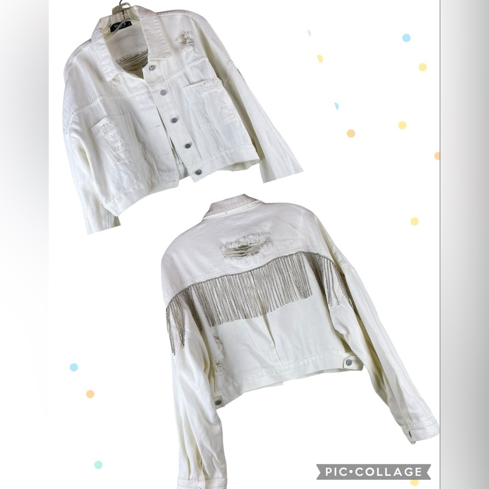 Blue B Collection Rhinestone Fringe White Denim Distressed Jacket Size M L
